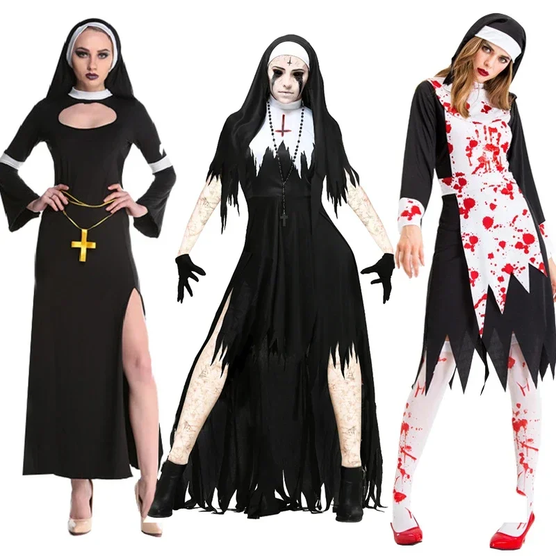 Halloween Costume For Women Nun Costume Cosplay Vampire Demon Costume Cross Print Long Dress Party S-XL