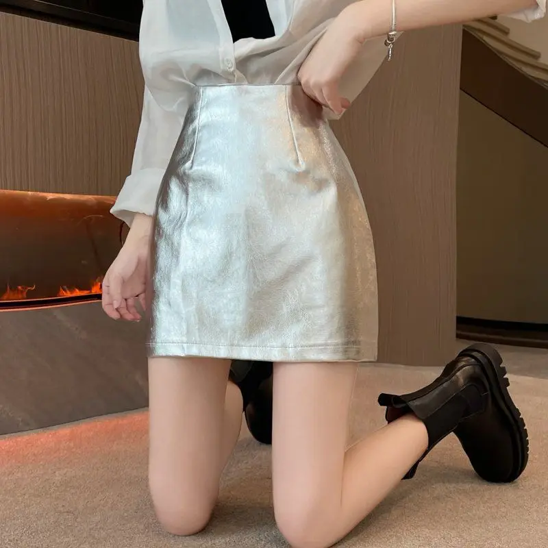 Women's 2026 Autumn Silver PU Leather High Waist A-Line Bodycon Mini Skirt Slimming Elegant Chic Coquette Skort Petite