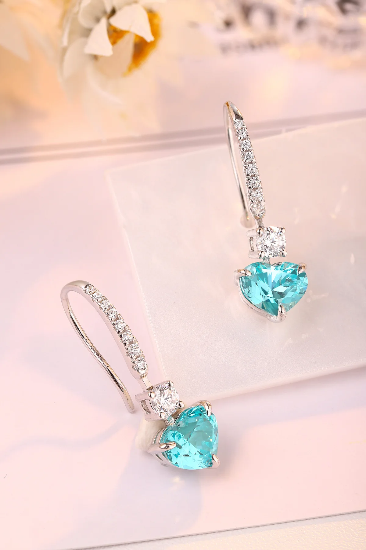Sweet Heart Hook Dangle Earrings S925 Silver Paved Zircon Bar 7.6*6.4mm Lab Created Paraiba Color YAG Wedding Women Earring