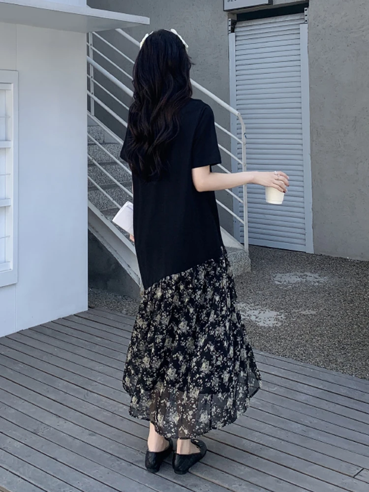 NYFS حجم كبير فستان نسائي فضفاض صيف 2025 كوريا نمط قصير الأكمام الخامس الرقبة المرقعة الزهور فستان طويل رداء Elbise #3