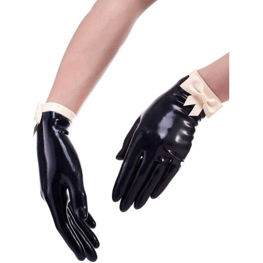 

Black And White Sexy Short Latex Gloves With Small Bows At Top French Maid Rubber Mittens ST-0135