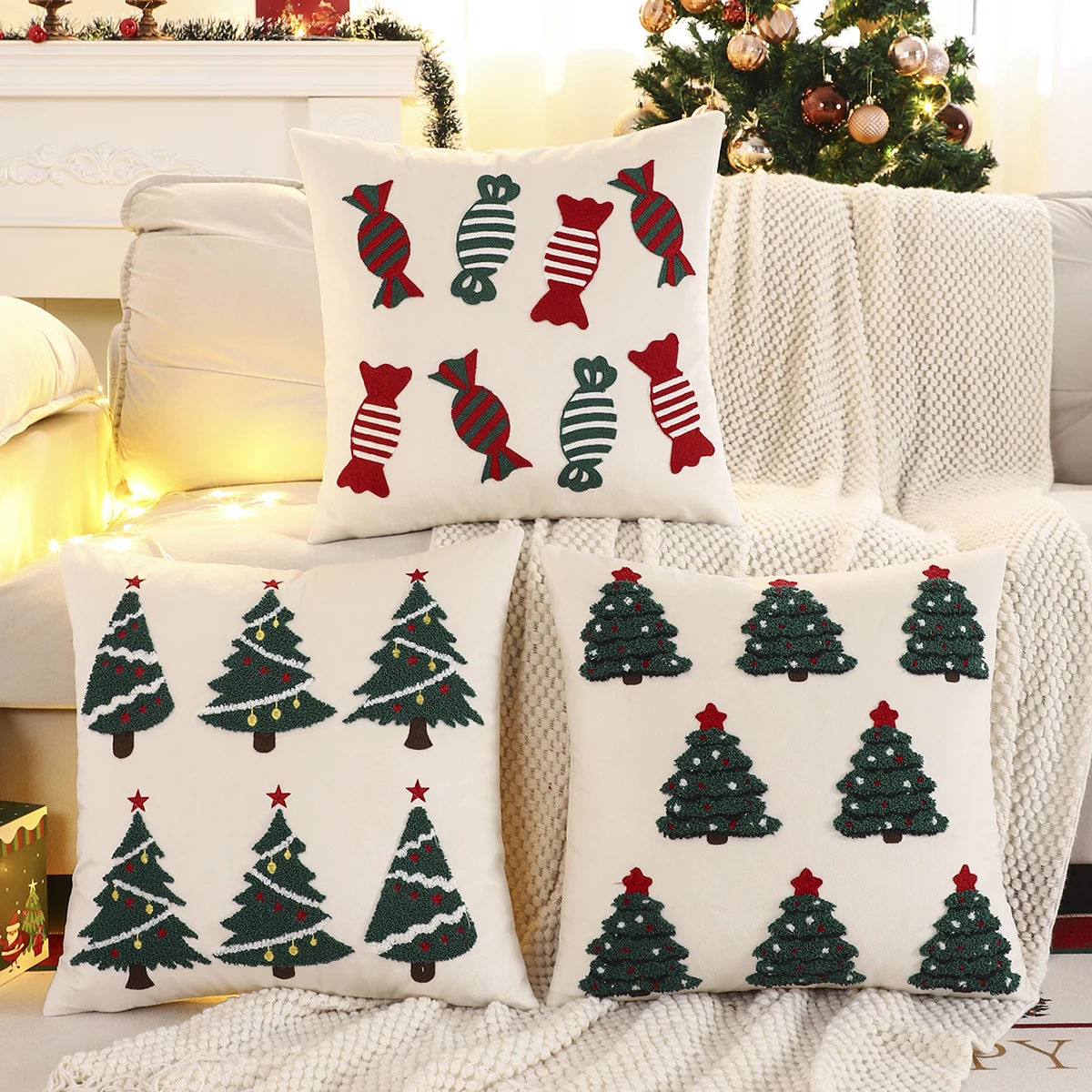 1 PC Christmas Tree Throw Pillow Cover Velvet Embroidery Candy Christmas Decoration Living Room