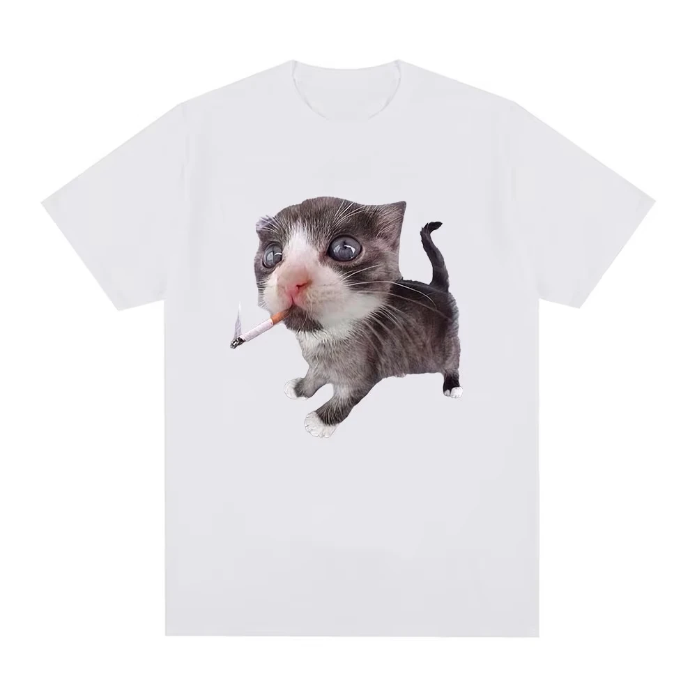 Cute Funny Kitten Smoking Cigarette T Shirt Men Women Streetwear Casual Short Sleeve Loose Fit Tee Trendy Animal Print Top