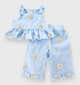 1-4Y Little Girls Outfits 2 Pcs Set Daisy Stripe Print Sleeveless Peplum Tops and Elastic Waist Ruffled Pants Kids Clothing