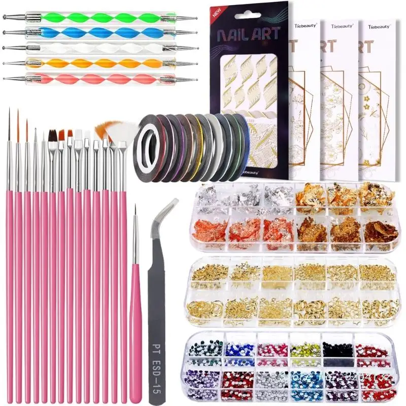 

Nail Brush 3D Nail Art Decorations Kit Nail Pen Designer Dotting Tool Nail Glitter Foil Nail Tape Strip Nail Rhinestones