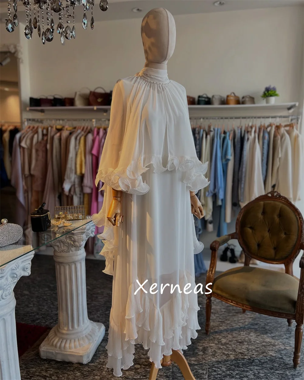 Customized Fashion Chiffon Ruched Pleat A-line High Collar Long Dresses Bespoke Occasion High Quality Pastrol