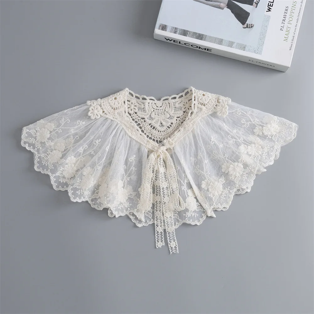 Women Embroidery Floral Lace Shawl Detachable False Collar Chiffon Pleated Large Scarf Lace-Up Bowknot Elegant Capelet