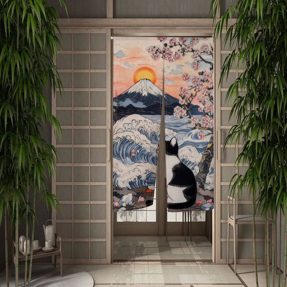 Japanese Style Door Curtain Mount Fuji and Cat Print Curtain for Living Room Bedroom Entrance Decor Kitchen Split Half Curtains