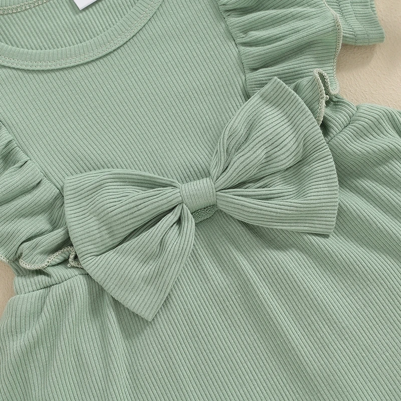 Infant Baby Girl Romper Dress Solid Color Ribbed Ruffled Short Sleeve Round Neck Jumpsuit with Bow Headband Outfits Clothes