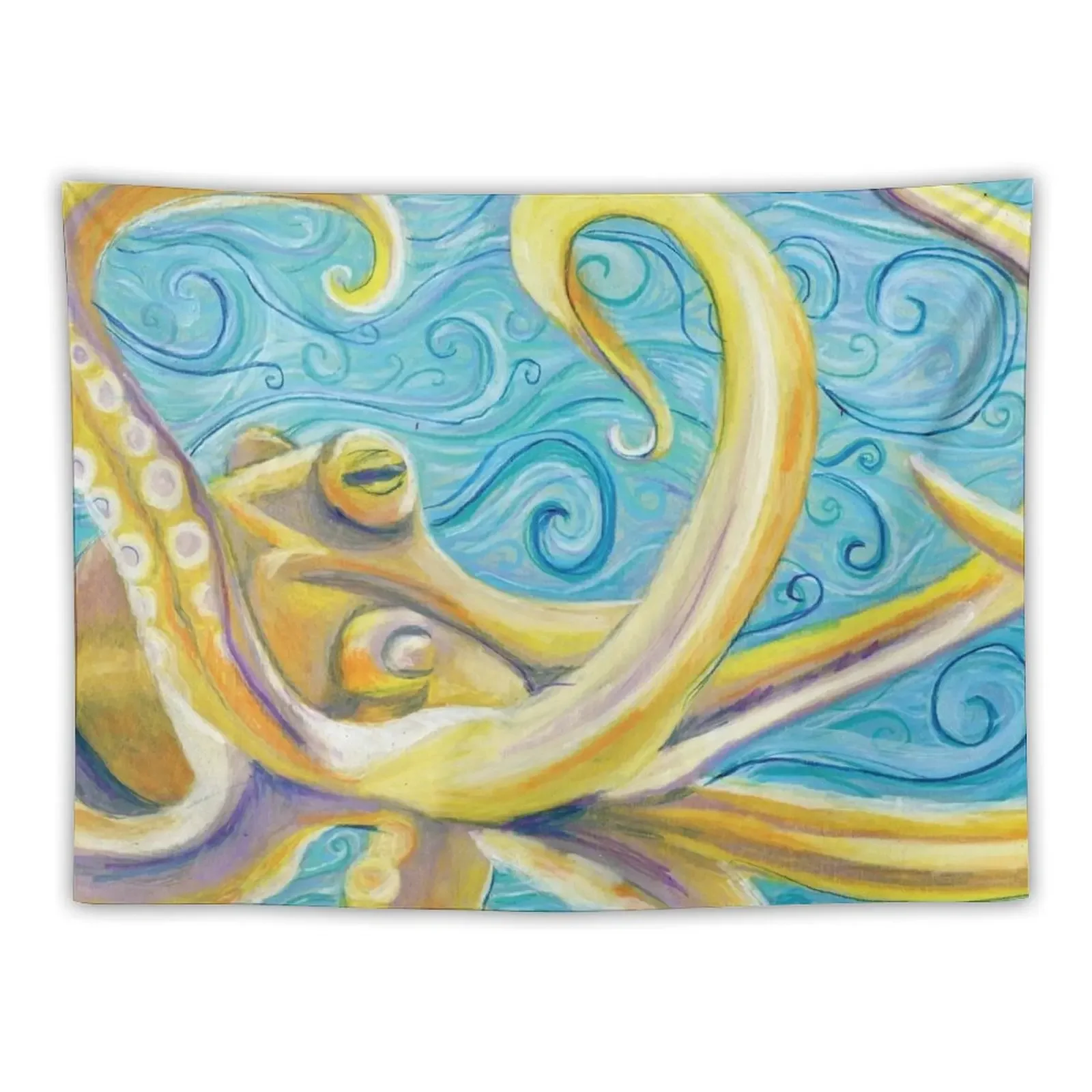 

Yellow Octopus in a Swirly Blue Sea Tapestry Cute Room Decor Outdoor Decoration Tapestry