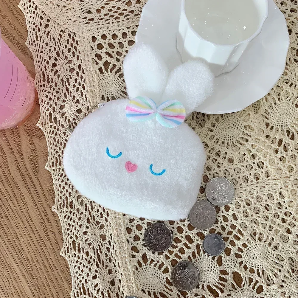 Cute White Rabbit Keys Earphone Organizer Bag Comfortable Soft Plush Rabbit Coin Purse for Small Photo Cards Storage Bag