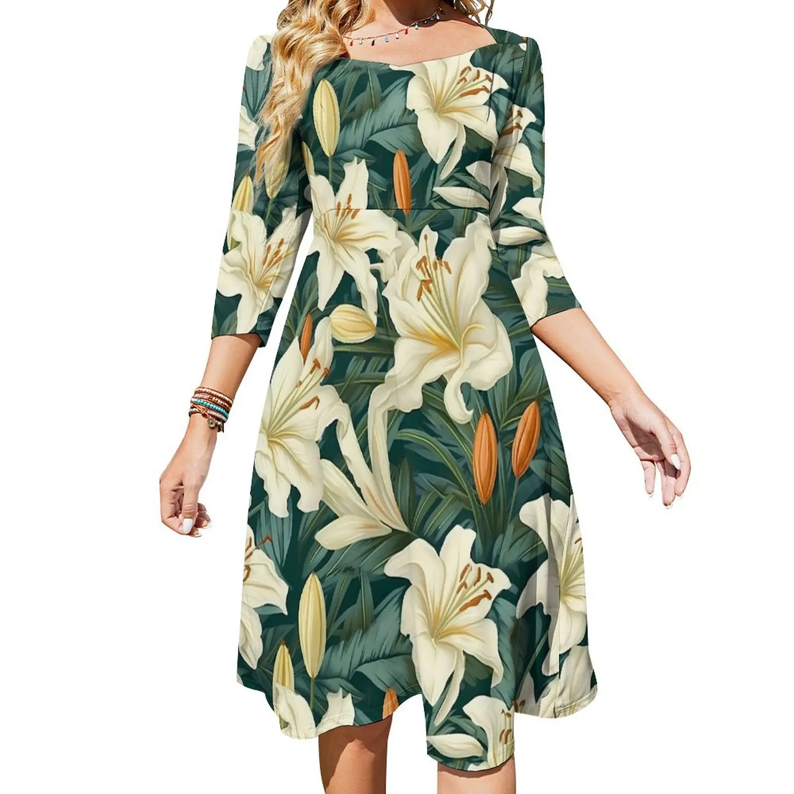 Lelie Bloemen Casual Jurk Witte Bloemenprint Retro Jurken Zomer Sexy Vierkante Kraag Esthetische Grafische Jurk Big Size