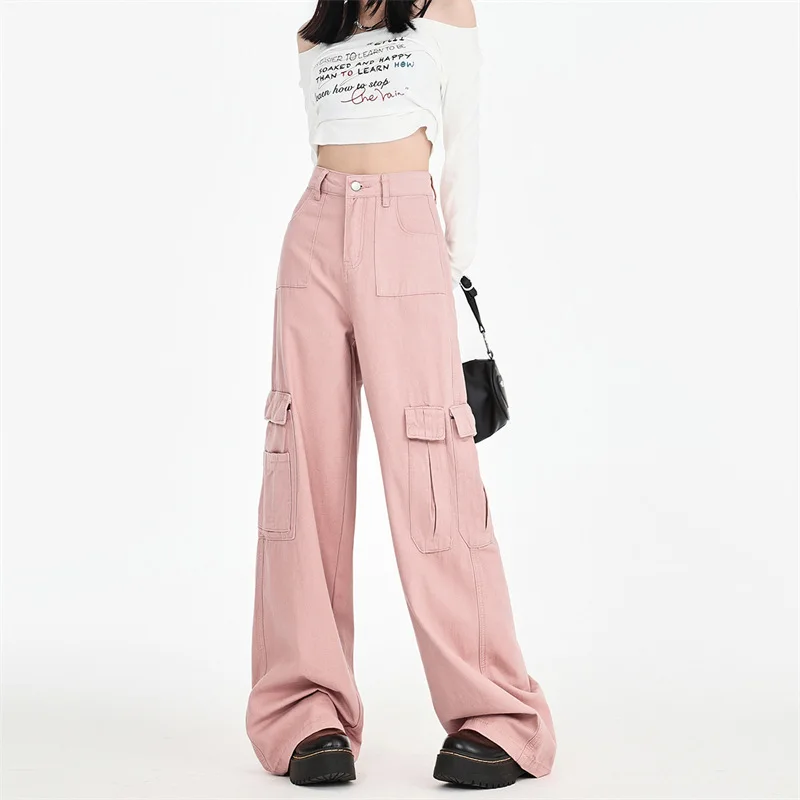 ใหม่สีทึบสบายๆกางเกงยีนส์ขากว้างเอวสูง, สุภาพสตรี Four Seasons แฟชั่นใหม่และกางเกงยีนส์คาร์โก้ยาวพื้นลําลองอเนกประสงค์