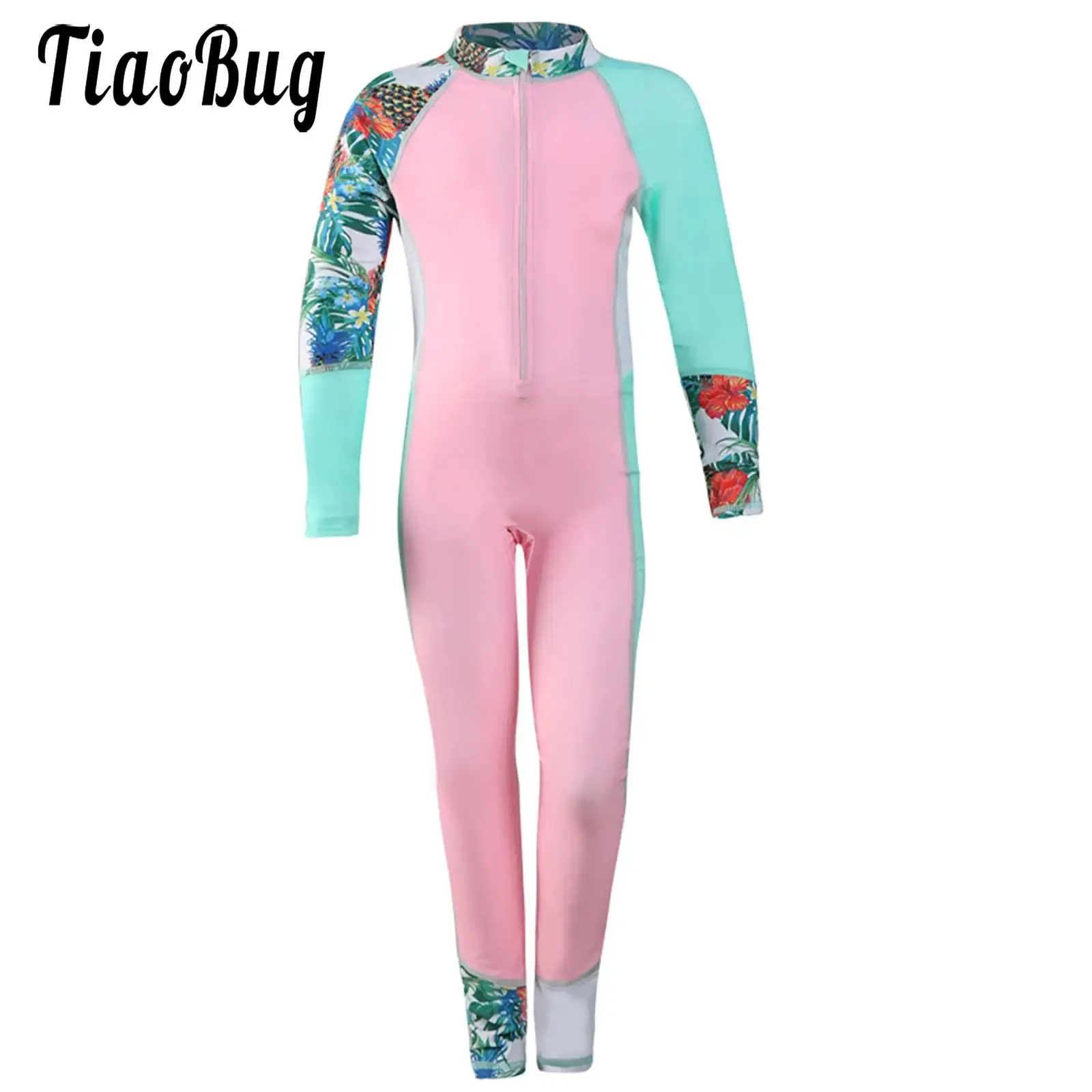 

Kids Girls One-piece Swimsuit Surfing Clothes Jumpsuits Long Sleeve Zipper Swimwear Beachwear Sun Protection Bathing Suit 7-14Y