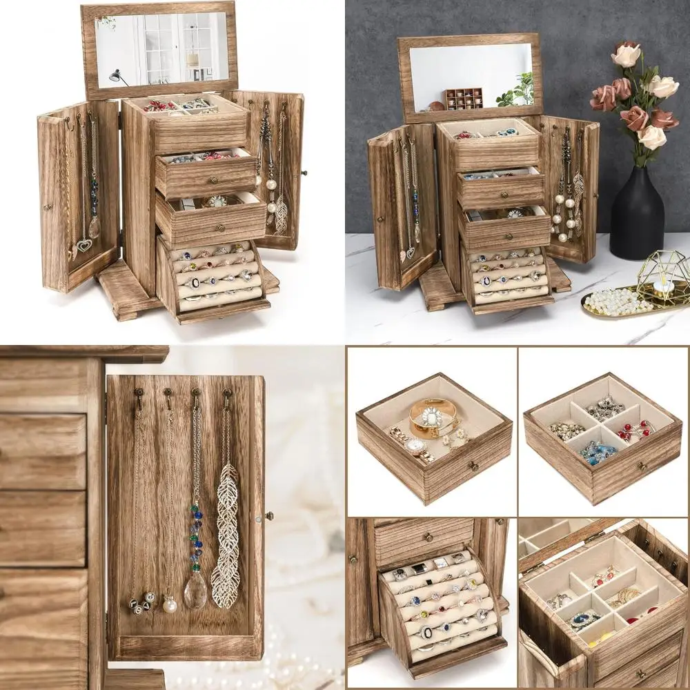 

Emfogo Jewelry Box for Women, Rustic Wooden Jewelry Boxes & Organizers with Mirror, 4 Layer Jewelry Organizer Box Display for Ri