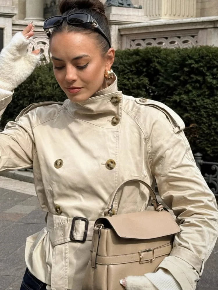 

Autumn Double Breasted Trench Coat With Belts Women Elegant Stand Collar Long Sleeve Jacket Office Lady Windbreaker Street Tops