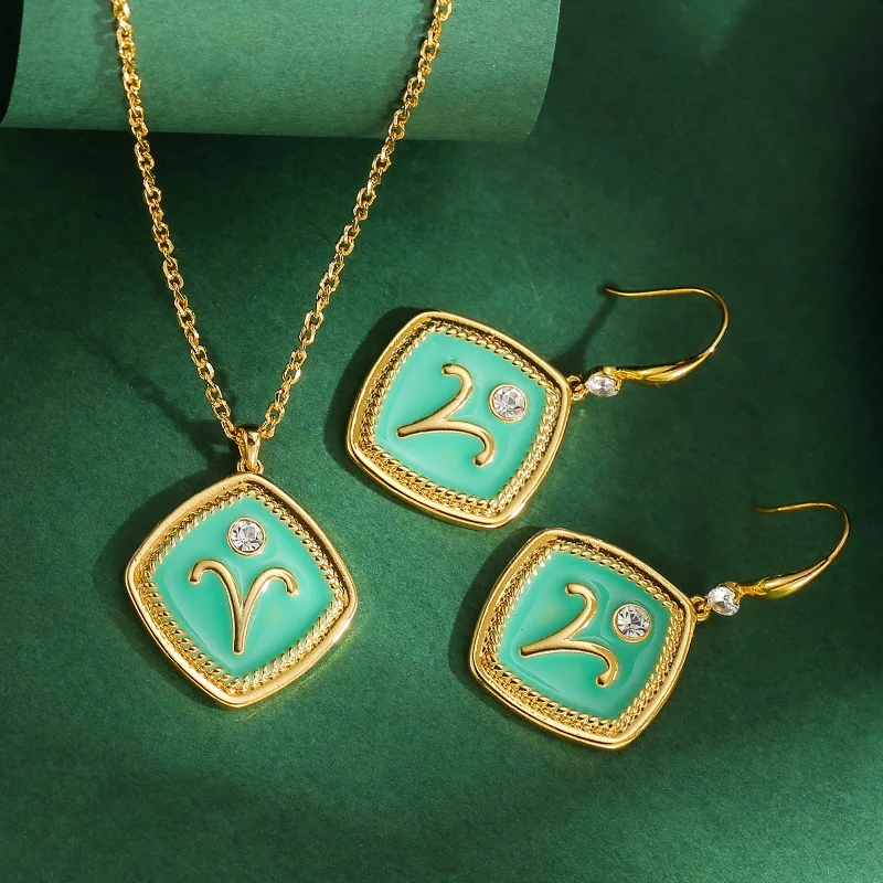 New Original Design Fashion Hand-painted Enamel Green Geometric Shapes Twelve Constellations Aries Pendant Necklace Earring Sets