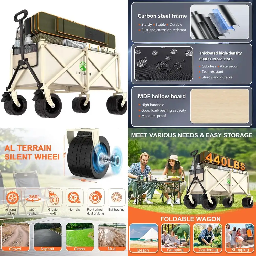 

Heavy-Duty Collapsible Wagon with Double-Layer Bottom for Beach, Camping, Garden, Shopping, and Sports (440 lbs Capacity)