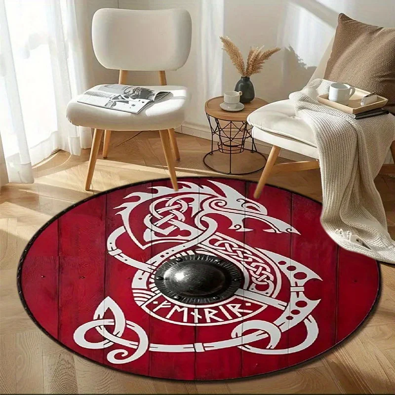 Viking Dragon & Celtic Knot Round Rug – Red Crystal Velvet Mat for Living Room, Bedroom, Office – Durable Gift Decor