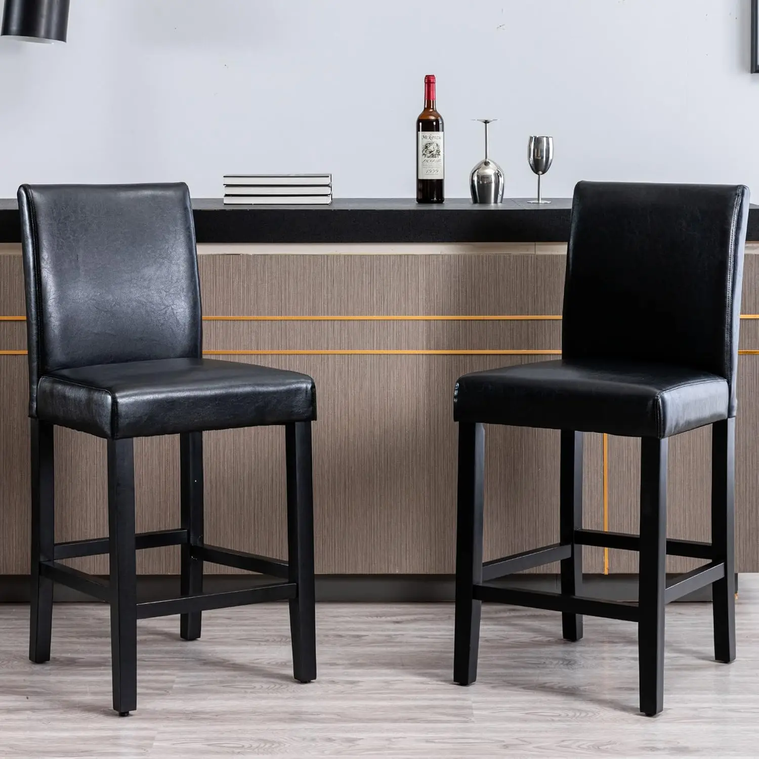 Gotminsi Set Of 4 Classic 24 Inches Counter Height Stools Upholstered Bar Stools With Solid Wood Legs And Black Leather Counter