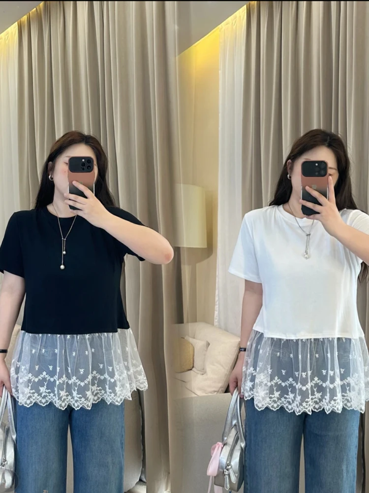 

plus Size Lace Hem ort Sve T-irt Women's Faion Slimming Design Summer Top for Plump MM Commute Sle Straight Cut