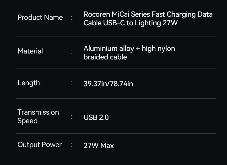 Rocoren PD 27 W USB-C-Beleuchtungsdatenkabel für iPhone 14 13 12 11 Pro Max Schnellladung 2,4 A USB2.0-Datenkabel für iPad Pro Wire – Detail 24