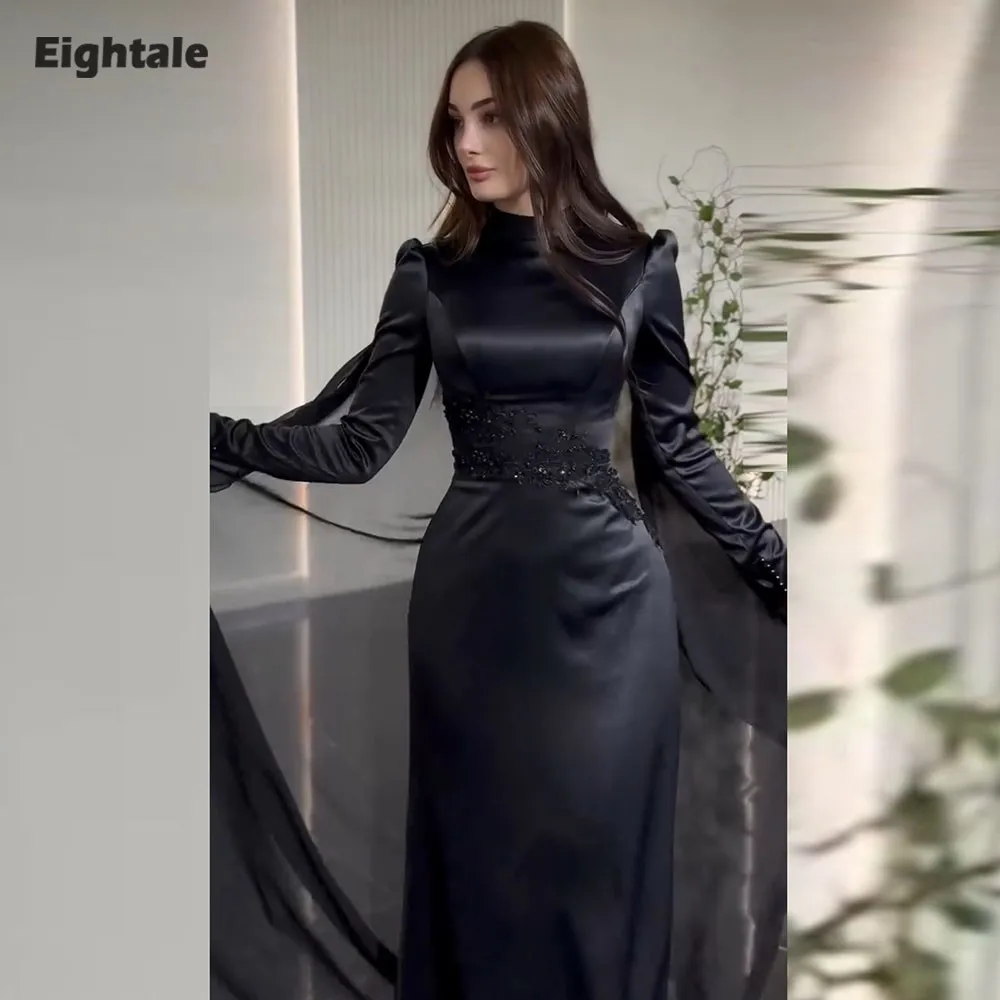 Eightale Arabic Wedding Dress Customized Black Appliques Bridal Gown Long Sleeves Muslim Mermaid Floor Length Bride Party Dress