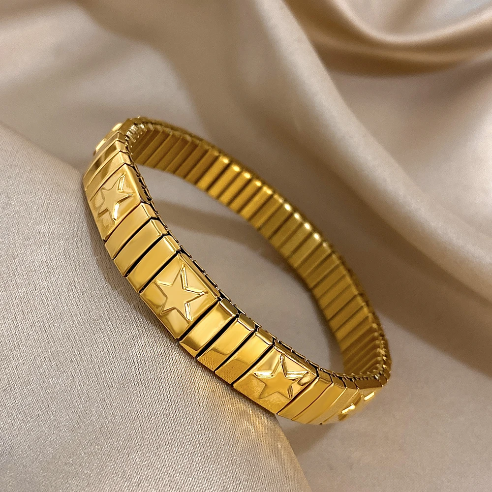 Vintage italienischer Charme elastische Edelstahl Sternmuster Armband Armreifen für Frauen Männer Armband Gliederkette verstellbar – Detail 7