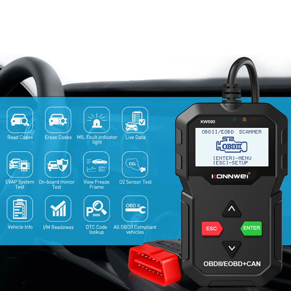 

Автомобильный диагностический прибор KONNWEI KW590 12 В OBD, считыватель кодов двигателя автомобиля OBD2 EOBD, Автомобильный сканер Obd2, сканер