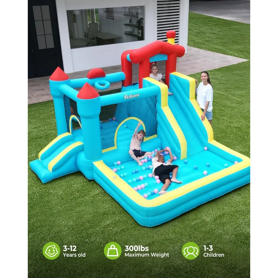 Casa inflável do salto casa inflável para meninos 3-12 com slide uso interno exterior 450w ventilador de alta eficiência céu azul design fo