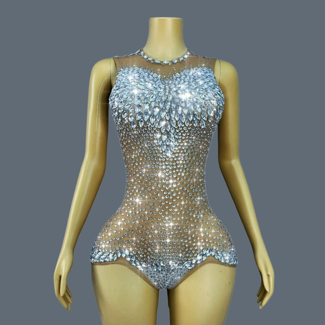 Women Sexy Rhinestones Mesh See Through Bodysuit  Sparkly Backless Sexy Dance Costume Celebrity Nightclub Stage Outfit Xingantou