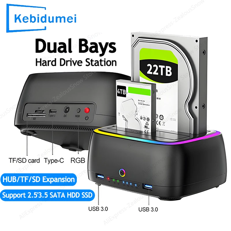 RGB Dual-bay HDD Docking Station SATA to USB 3.0 Adapter for 2.5/3.5 Inch HDD Case One Click Offline Clone Hard Drive Enclosure