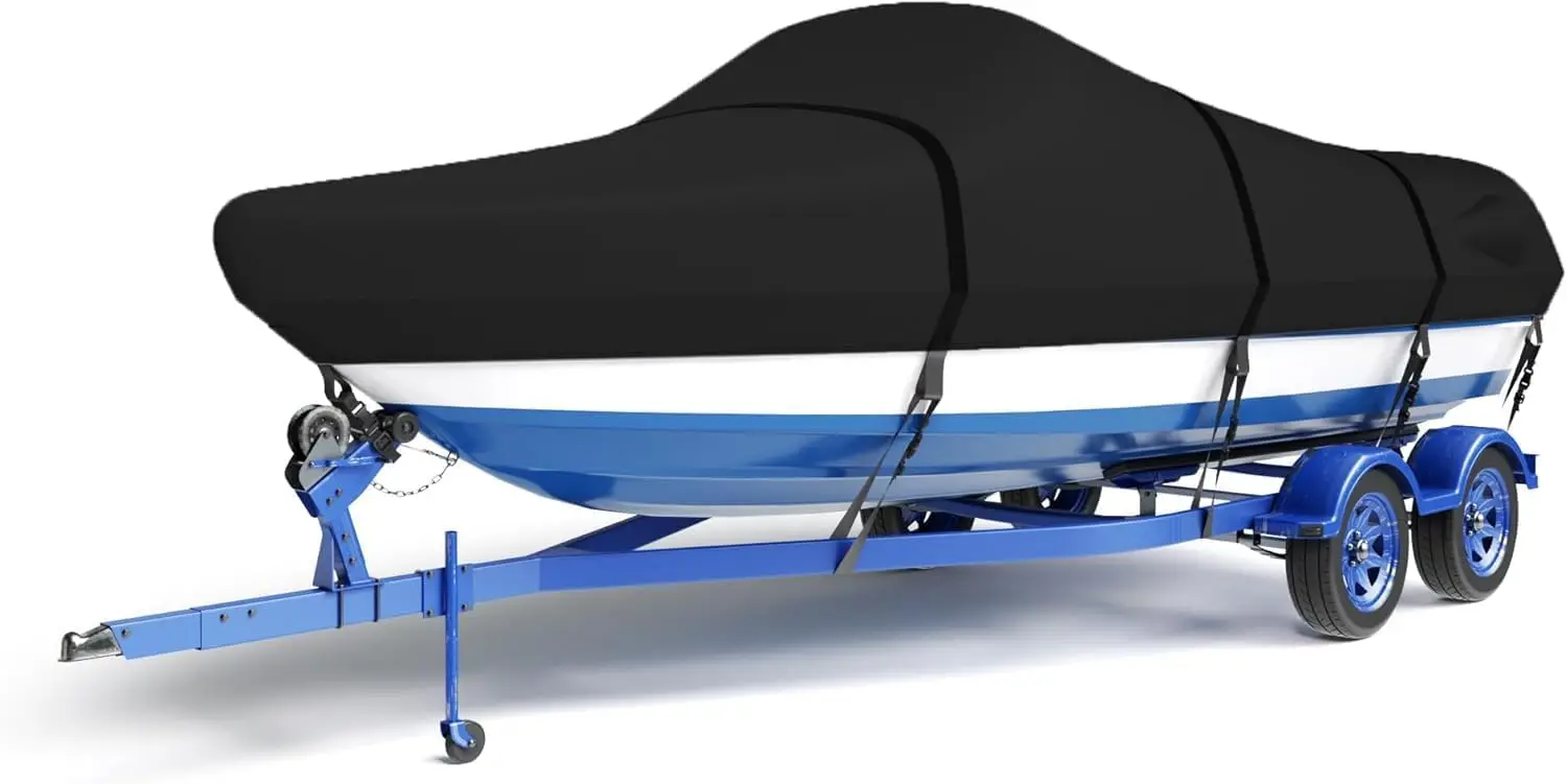 

Boat Cover 17-19 ft Heavy Duty Marine Grade Trailerable V-Hull Bass Runabout Fish & Ski All Weather Protection with Straps Black
