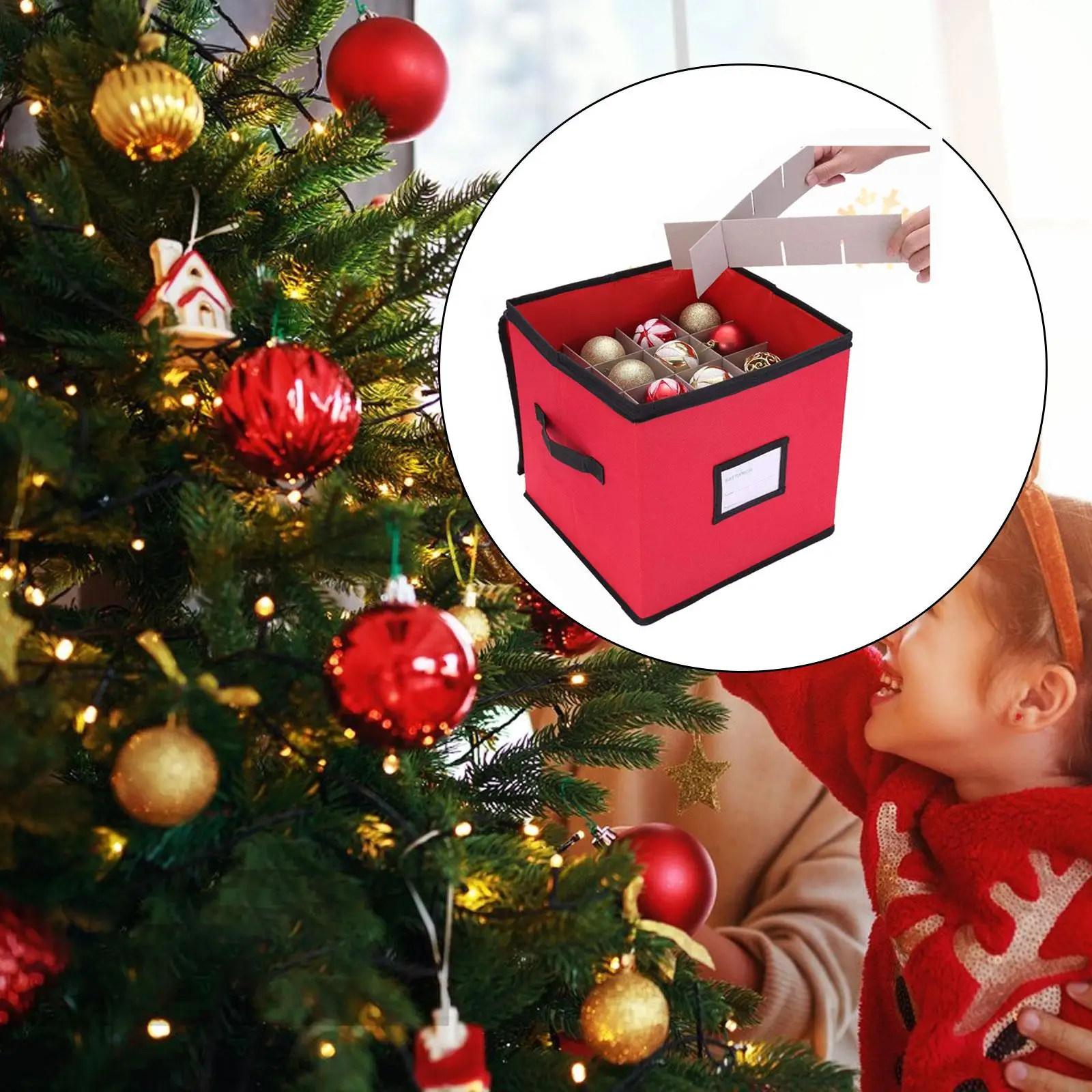 Christmas Ornament Storage Box Large Capacity Foldable Red Protective Space Saving 64 Balls Accessories 12x12 inch with Dividers