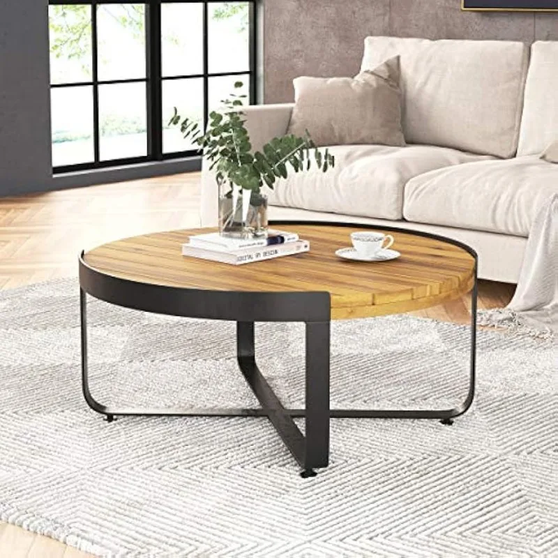 

Outdoor Modern Industrial Acacia Wood Coffee Table, Teak Finish, Black