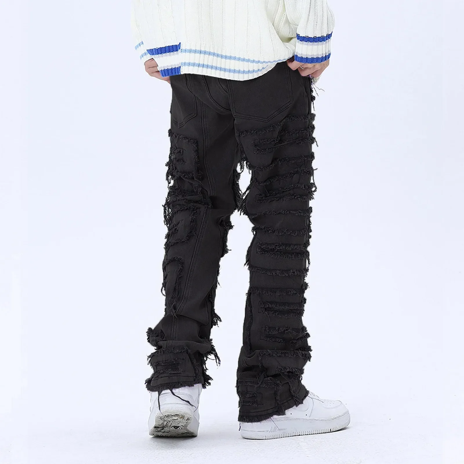 Men's Skinny Jeans Fringe Hip-hop Edge Elastic Patch Punk Rock Long Tight Fit Stacked Jeans Denim Pants Blue Pink Streetwear