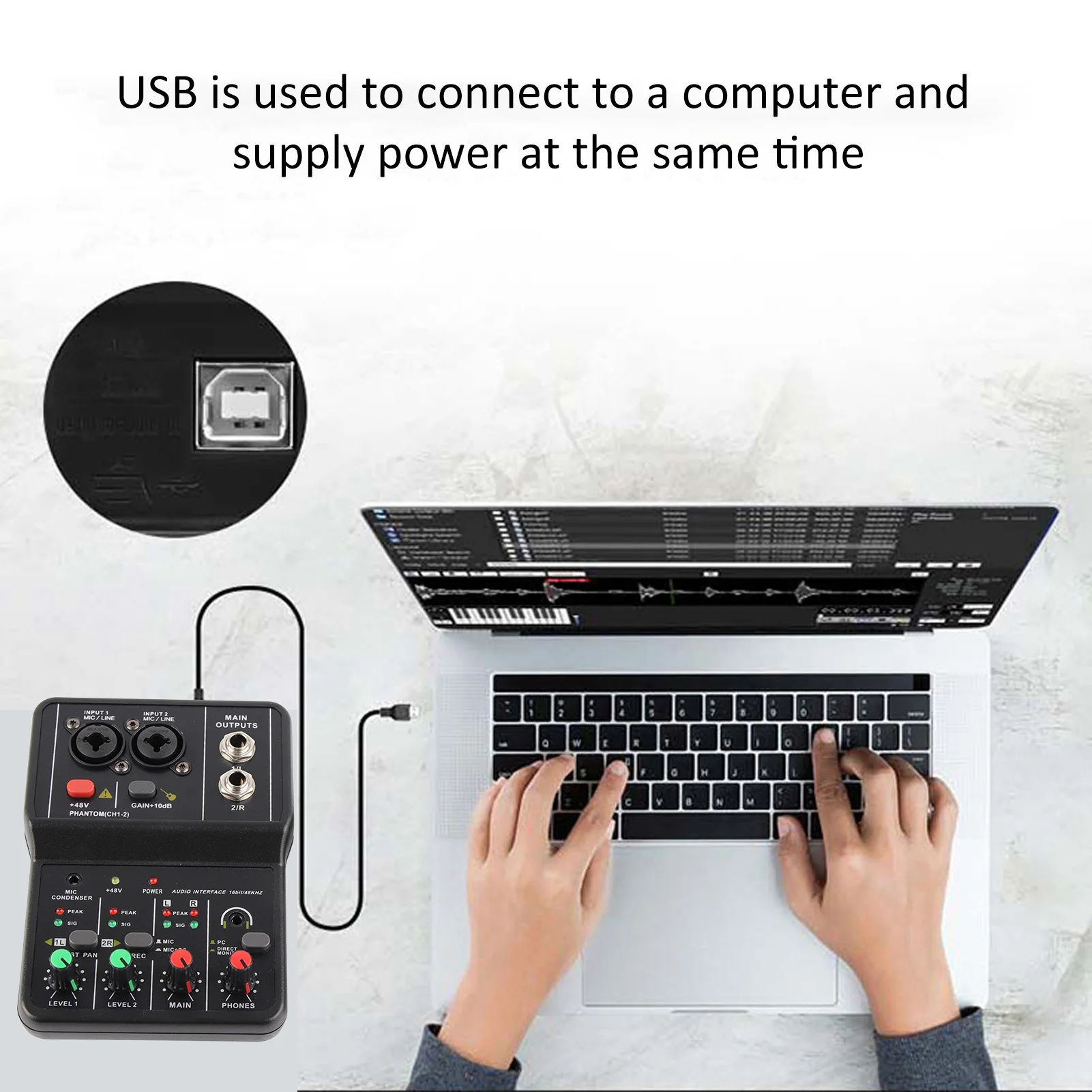 บอร์ดผสมสัญญาณเสียง USB ขนาดกะทัดรัด48V Phantom เครื่องผสมสัญญาณเสียง2ช่อง2ช่องสำหรับบันทึกเพลง