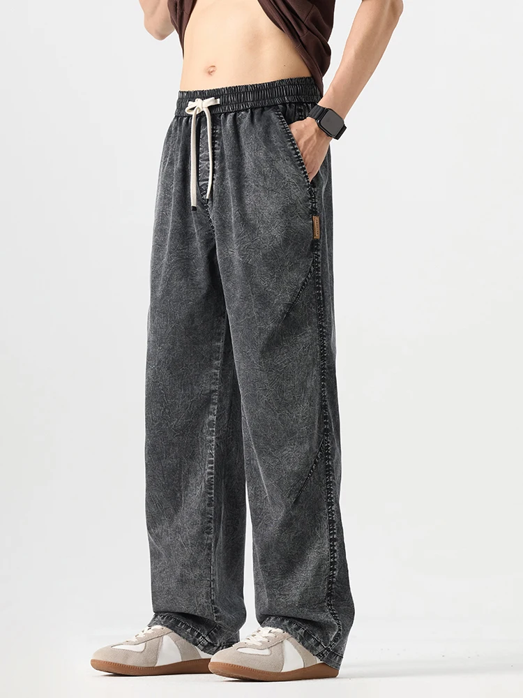 

KSTUN 2026 Summer Lyocell Jeans For Men Elastic Waist Drawstring Loose Straight Denim Pants Vintage Snow Wash Wide Leg Trousers