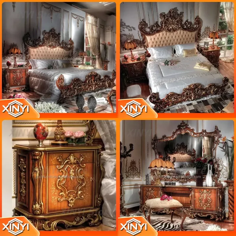 Italian Design Solid Wood Carving Bed for Hotel Luxury Retro King Size Furniture for Bedroom French Style Manual Wood Carving