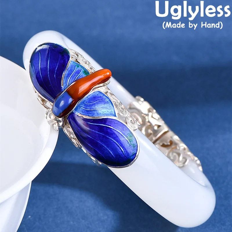 Uglyless Big Enamel Dragonfly Bangles for Women Thick Wide Chalcedony Bangles Opening 925 Sterling Silver Insects Jewelry Ethnic