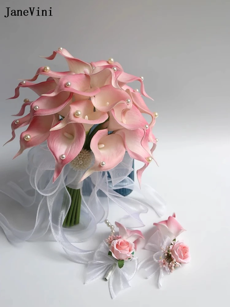 JaneVini 2024 Romantic Korean Bridal Bouquets Ribbon Handle Artificial Pink Calla Lily Pearls Bridesmaids Bouquet Wedding Flower