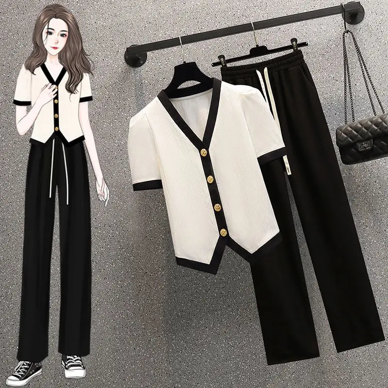 

2024 Women Summer Fashion French Suits Female Short-sleeved T-shirt + Loose Casual Wide-leg Pants Ladies Two Piece Sets Z85