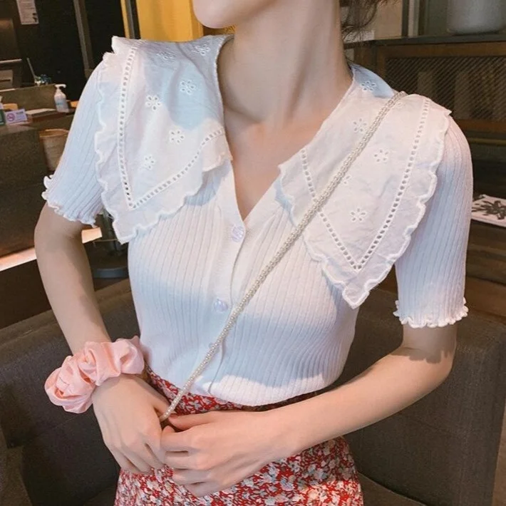 

V-neck Cardigan Women's 2023 Summer Clothes Short Top Vintage Clothes for Women Tops Shirts Blouses