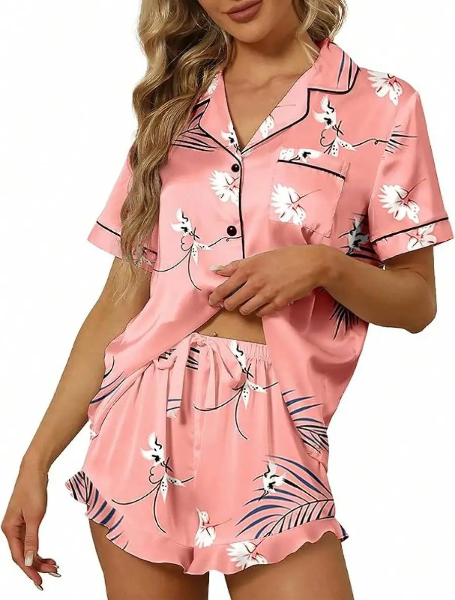 

Women Satin Pajama Set Short Sleeve Button Down Notch Collar Ruffle Shorts Sleepwear