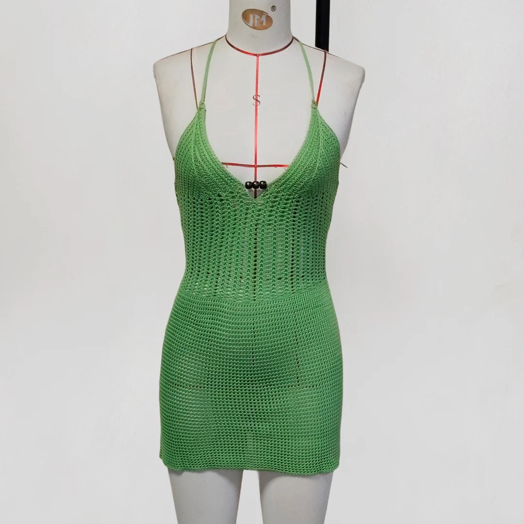 Schlankes, figurbetontes, gehäkeltes, gestricktes Strandkleid für Damen, Neckholder-Minikleid, Sommerkleid mit Ausschnitten, V-Ausschnitt, rückenfrei, sexy Partykleid V6210 – Detail 40