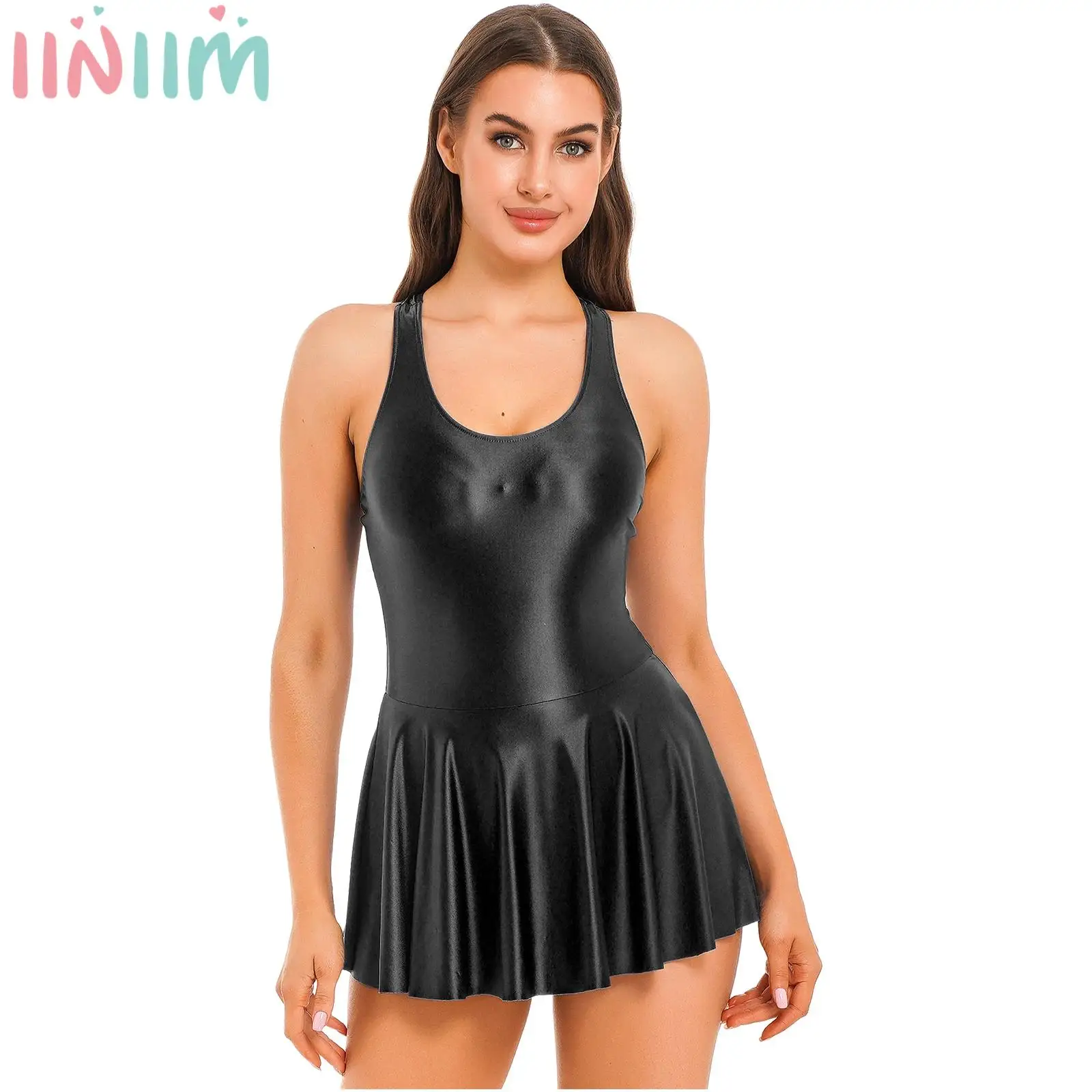 

Womens Sexy Glossy Tank Dress One-Piece Swimsuit Sleeveless U Neck Leotard Dresses for Sports Yoga Workout Swimming Bathing Suit