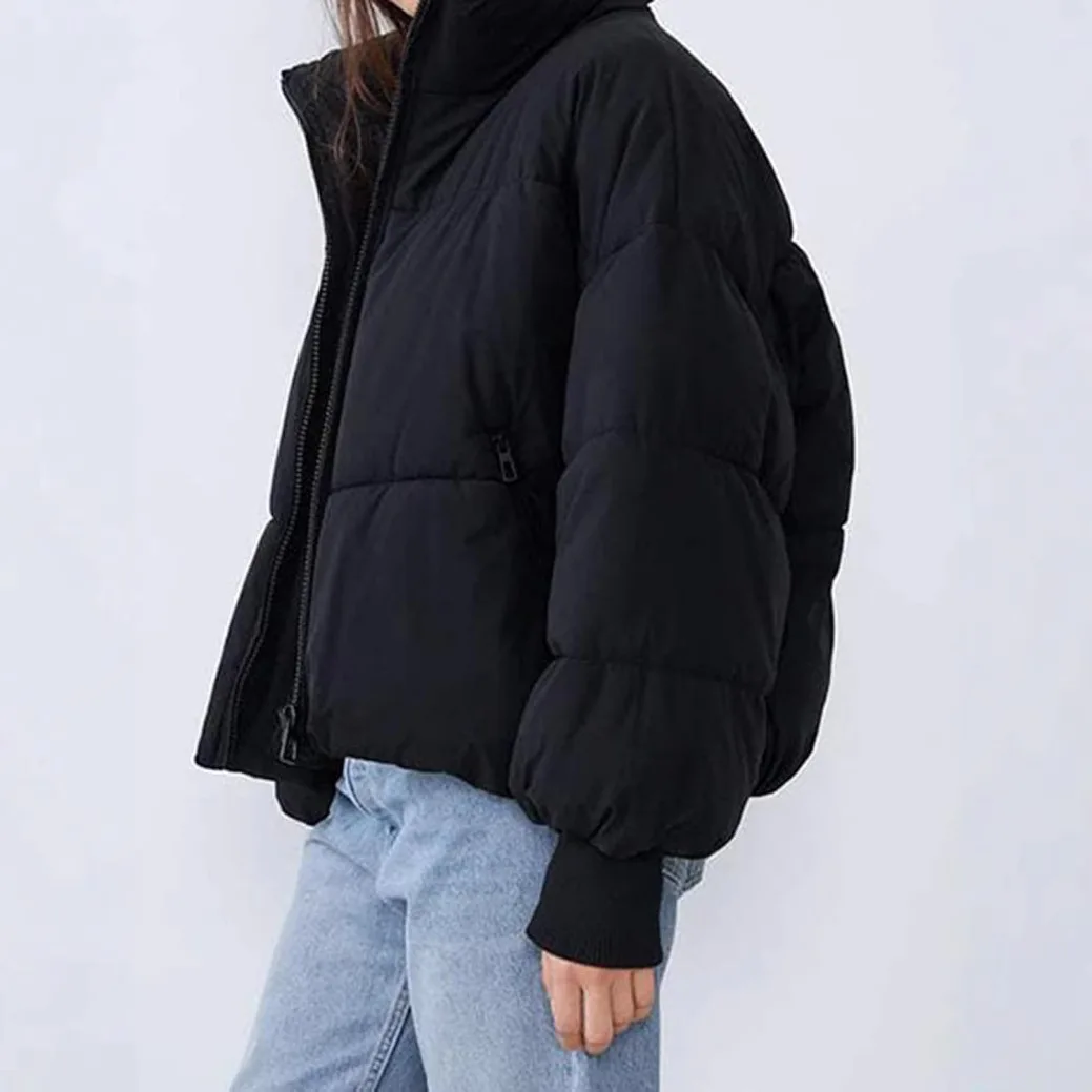 Ladies Quilted Padded Coat Stand Collar Zip Up Long Sleeve Pockets Loose Fit Solid Color Thick Winter Casual Outerwear Jacket