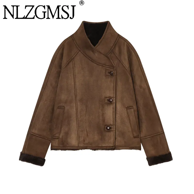 Nlzgmsj 2026 Winter Fashion Women Faux Suede Jacket  Asymmetric Single Breasted Short Coat Warm Fleece Lined Outerwear