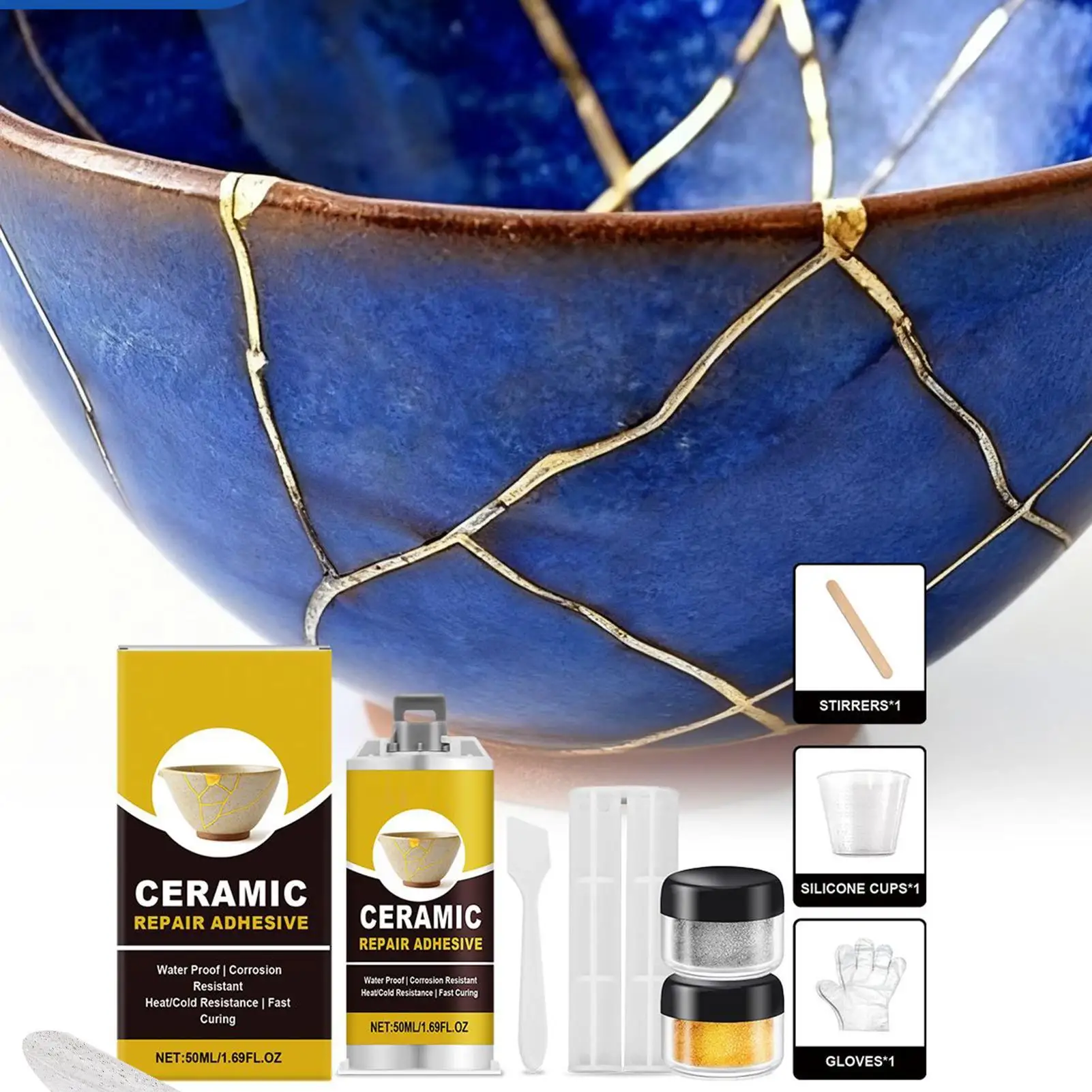 

50ml Ceramic Repair Kit Adhesive Pottery Gold Repair Kit For Bathtub Vanity Plate Art Craft Figurines Sculptures Kitchen Sink