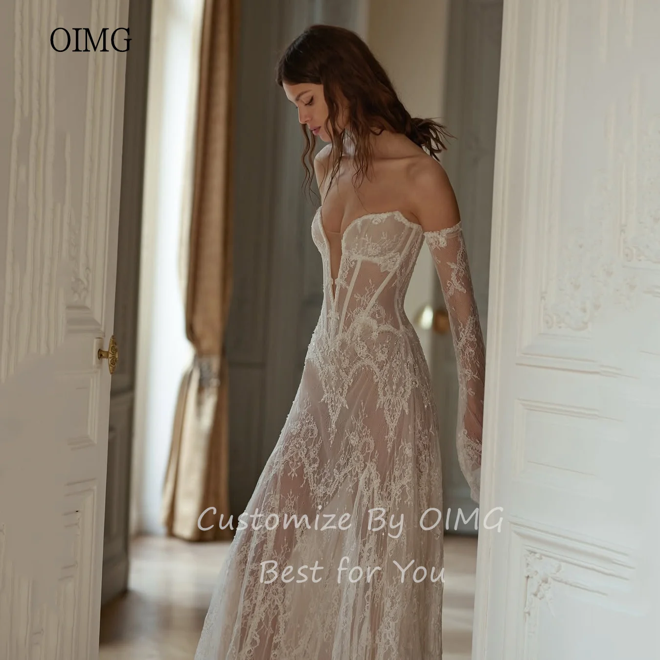 OIMG Luxurious Lace Ivory A Line Wedding Dress Illusion Sexy V Neck Bride Dresses Floor Length Wedding Gowns New Customized image 4